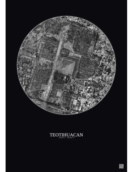 Affiche Teotihuacan – Poster vue satellite 1km N&B | Gravura – Fond foncé