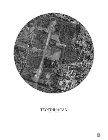 Affiche Teotihuacan – Poster vue satellite 1km N&B | Gravura – Fond clair