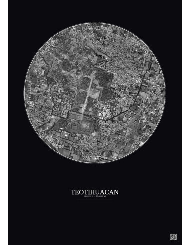 Affiche Teotihuacan – Poster vue satellite 2.5km N&B | Gravura – Fond foncé