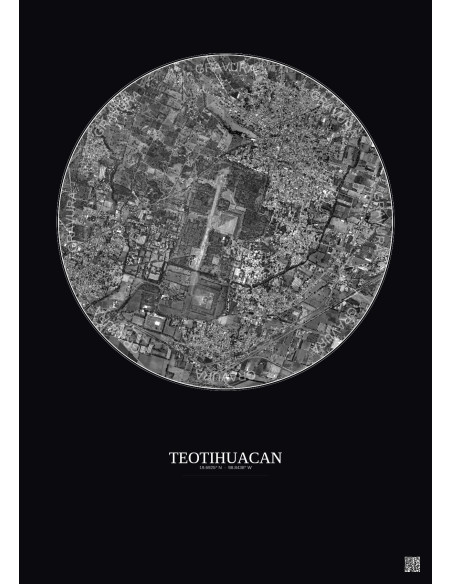 Affiche Teotihuacan – Poster vue satellite 2.5km N&B | Gravura – Fond foncé