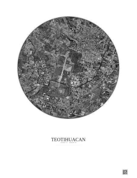 Affiche Teotihuacan – Poster vue satellite 2.5km N&B | Gravura – Fond clair
