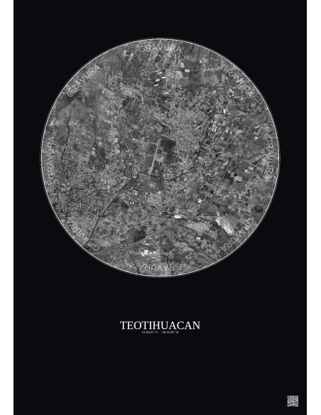 Teotihuacan Satellite View Poster 5km B&W | Gravura – Dark background