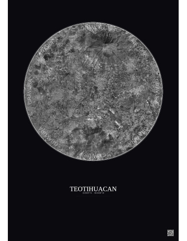 Affiche Teotihuacan – Poster vue satellite 10km N&B | Gravura – Fond foncé
