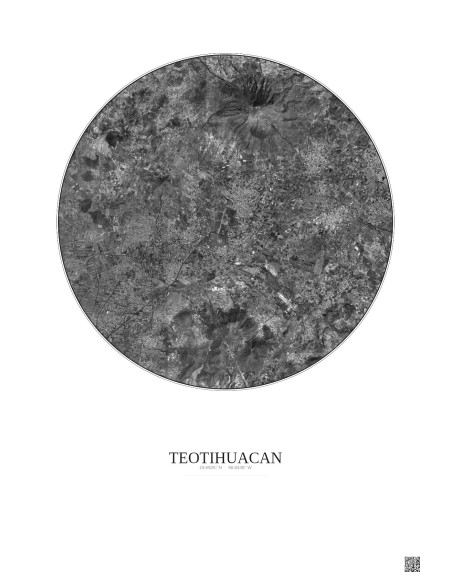 Affiche Teotihuacan – Poster vue satellite 10km N&B | Gravura – Fond clair