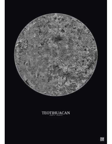 Affiche Teotihuacan – Poster vue satellite 20km N&B | Gravura – Fond foncé
