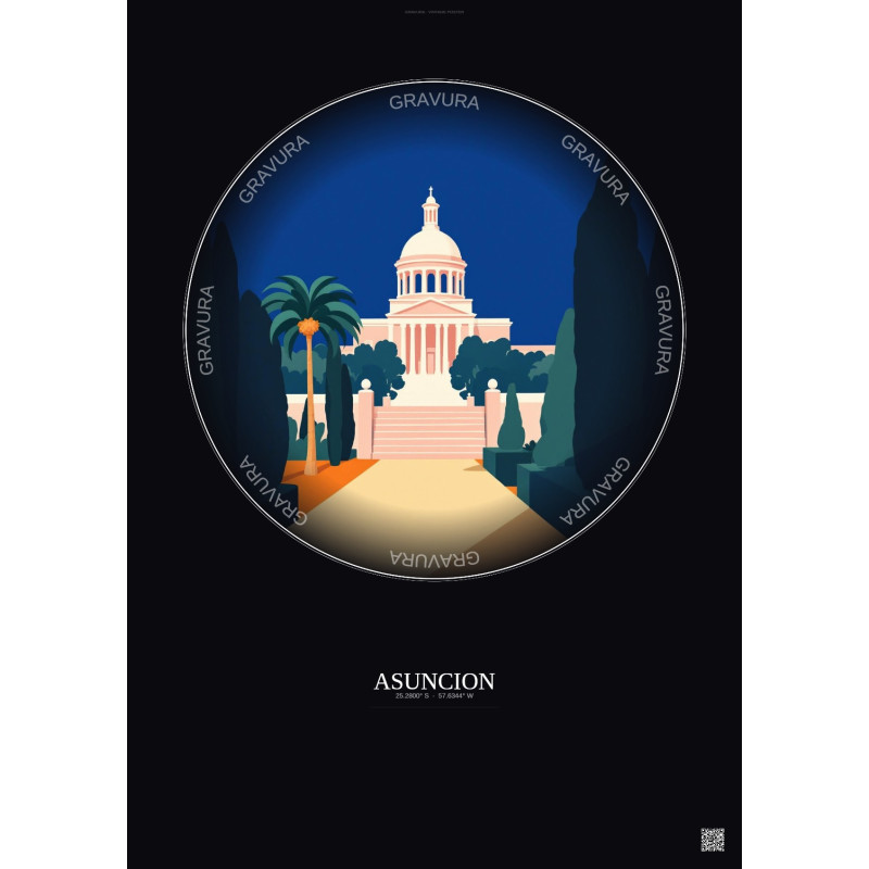 Affiche Asuncion – Poster illustration vintage – Most Iconic Landmark Of Asuncion | Gravura – Fond foncé