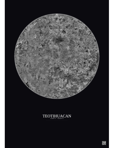 Affiche Teotihuacan – Poster vue satellite 20km N&B | Gravura – Fond foncé