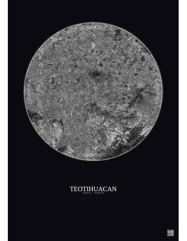 Affiche Teotihuacan – Poster vue satellite 30km N&B | Gravura – Fond foncé