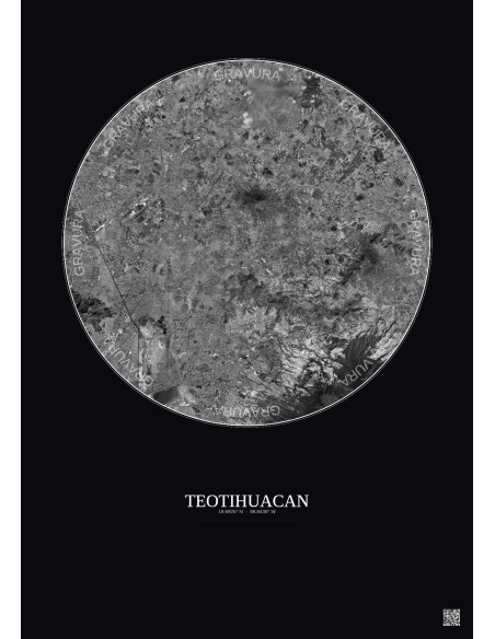Affiche Teotihuacan – Poster vue satellite 30km N&B | Gravura – Fond foncé