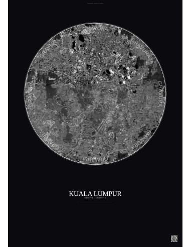 Affiche Kuala Lumpur – Poster vue satellite 10km N&B | Gravura – Fond foncé