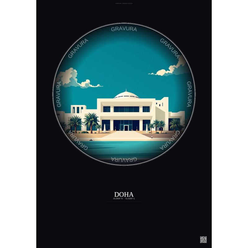 Affiche Doha – Poster illustration vintage – Museum Of Islamic Art | Gravura – Fond foncé
