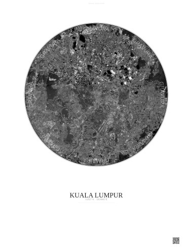 Affiche Kuala Lumpur – Poster vue satellite 10km N&B | Gravura – Fond clair