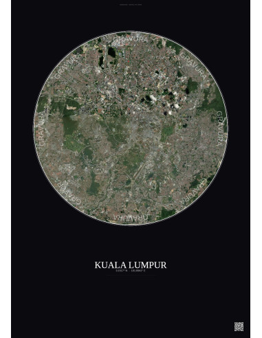 Affiche Kuala Lumpur – Poster vue satellite 10km Couleur | Gravura – Fond foncé