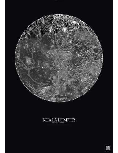 Affiche Kuala Lumpur – Poster vue satellite 2.5km N&B | Gravura – Fond foncé