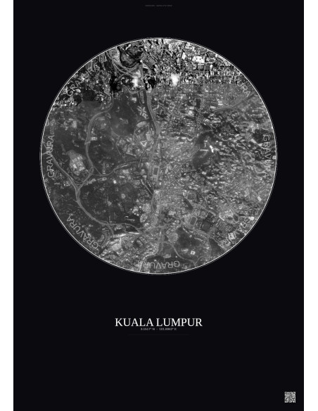 Affiche Kuala Lumpur – Poster vue satellite 2.5km N&B | Gravura – Fond foncé