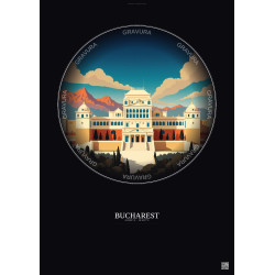 Affiche Bucharest – Poster illustration vintage – Palace Of The Parliament | Gravura – Fond foncé