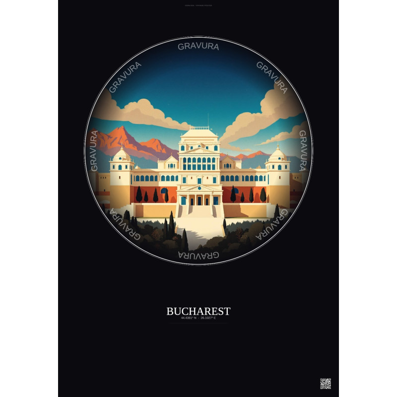 Affiche Bucharest – Poster illustration vintage – Palace Of The Parliament | Gravura – Fond foncé