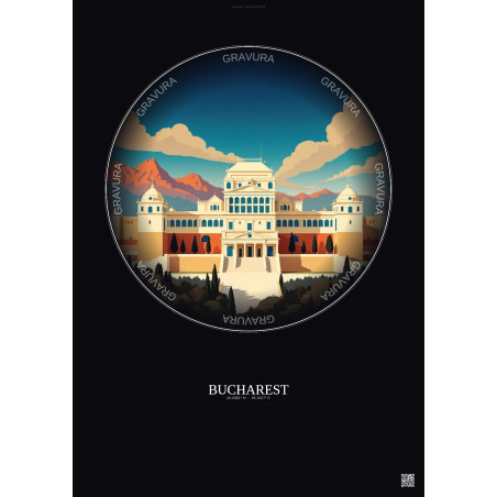 Affiche Bucharest – Poster illustration vintage – Palace Of The Parliament | Gravura – Fond foncé