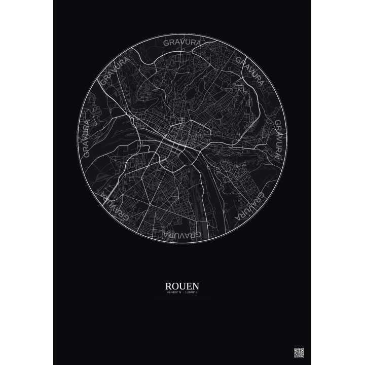 Affiche Rouen – Poster carte de ville 5km | Gravura – Fond foncé