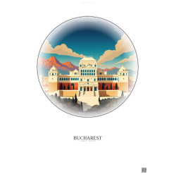 Affiche Bucharest – Poster illustration vintage – Palace Of The Parliament | Gravura – Fond clair