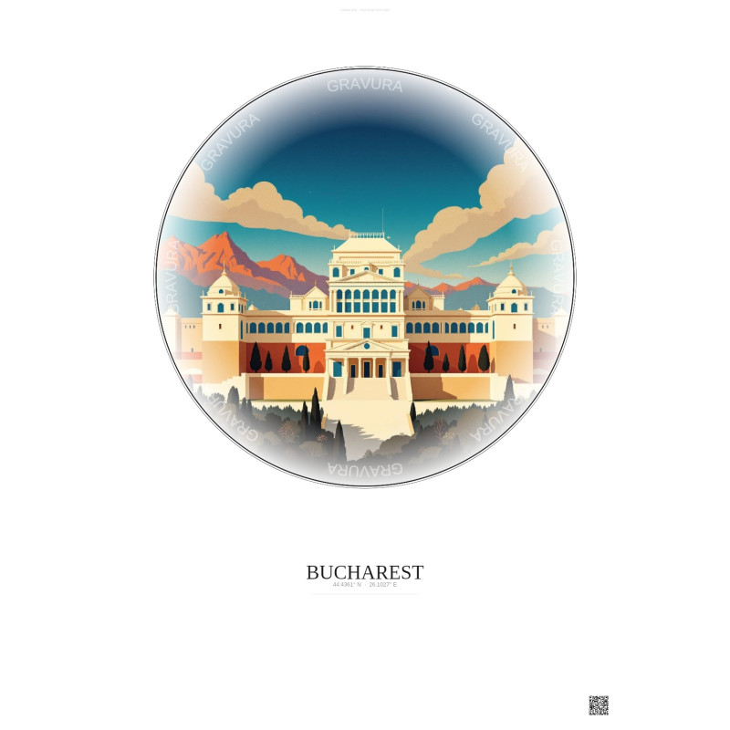 Affiche Bucharest – Poster illustration vintage – Palace Of The Parliament | Gravura – Fond clair