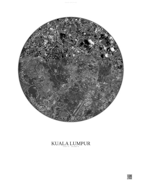 Affiche Kuala Lumpur – Poster vue satellite 6km N&B | Gravura – Fond clair