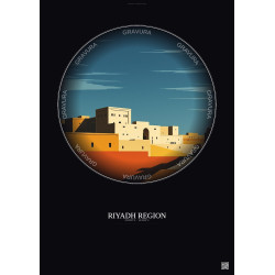Affiche Riyadh Region – Poster illustration vintage – Famous Viewpoint Of Riyadh Region | Gravura – Fond foncé