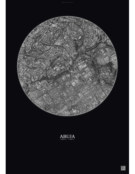 Affiche Abuja – Poster vue satellite 2.5km N&B | Gravura – Fond foncé