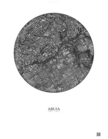 Affiche Abuja – Poster vue satellite 2.5km N&B | Gravura – Fond clair