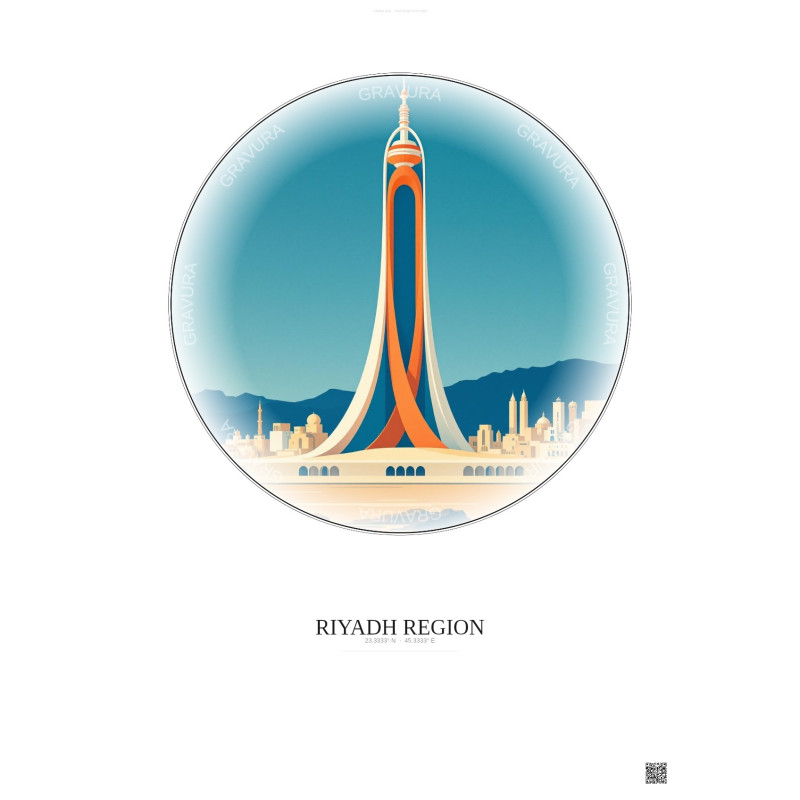 Affiche Riyadh Region – Poster illustration vintage – Most Iconic Landmark Of Riyadh Region | Gravura – Fond clair