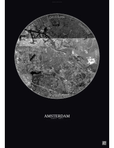 Affiche Amsterdam – Poster vue satellite 10km N&B | Gravura – Fond foncé