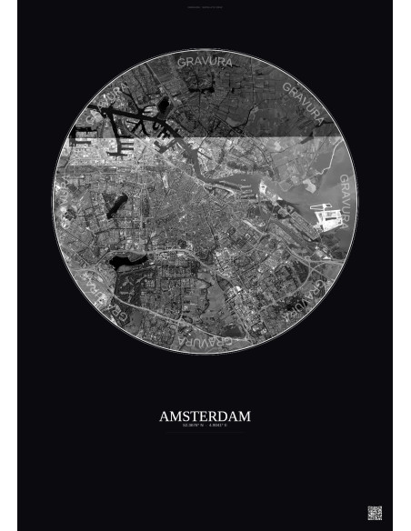 Affiche Amsterdam – Poster vue satellite 10km N&B | Gravura – Fond foncé