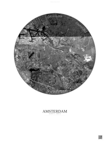 Affiche Amsterdam – Poster vue satellite 10km N&B | Gravura – Fond clair