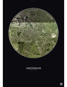Affiche Amsterdam – Poster vue satellite 10km Couleur | Gravura – Fond foncé