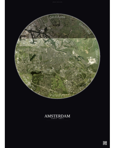 Affiche Amsterdam – Poster vue satellite 10km Couleur | Gravura – Fond foncé