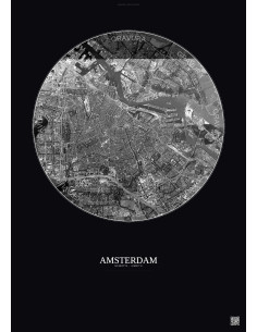 Affiche Amsterdam – Poster vue satellite 6km N&B | Gravura – Fond foncé