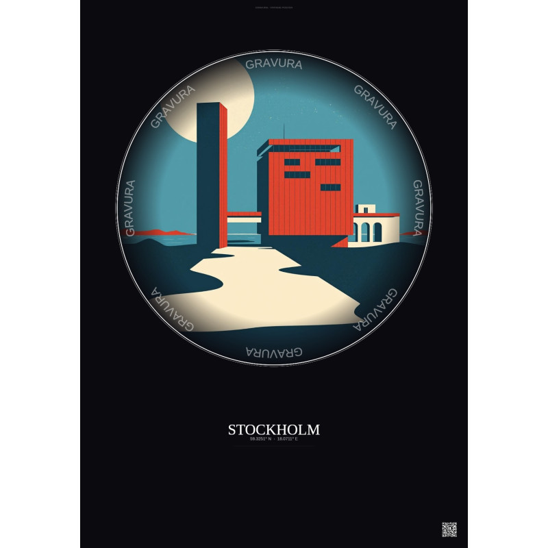 Affiche Stockholm – Poster illustration vintage – Swedish Film Institute | Gravura – Fond foncé