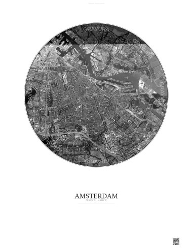 Affiche Amsterdam – Poster vue satellite 6km N&B | Gravura – Fond clair