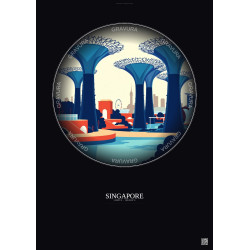 Affiche Singapore – Poster illustration vintage – Gardens By The Bay | Gravura – Fond foncé