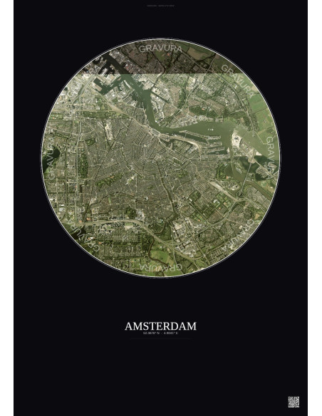 Amsterdam Satellite View Poster 6km Color | Gravura – Dark background