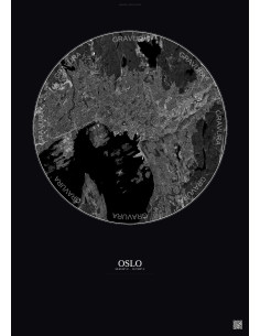 Affiche Oslo – Poster vue satellite 10km N&B | Gravura – Fond foncé