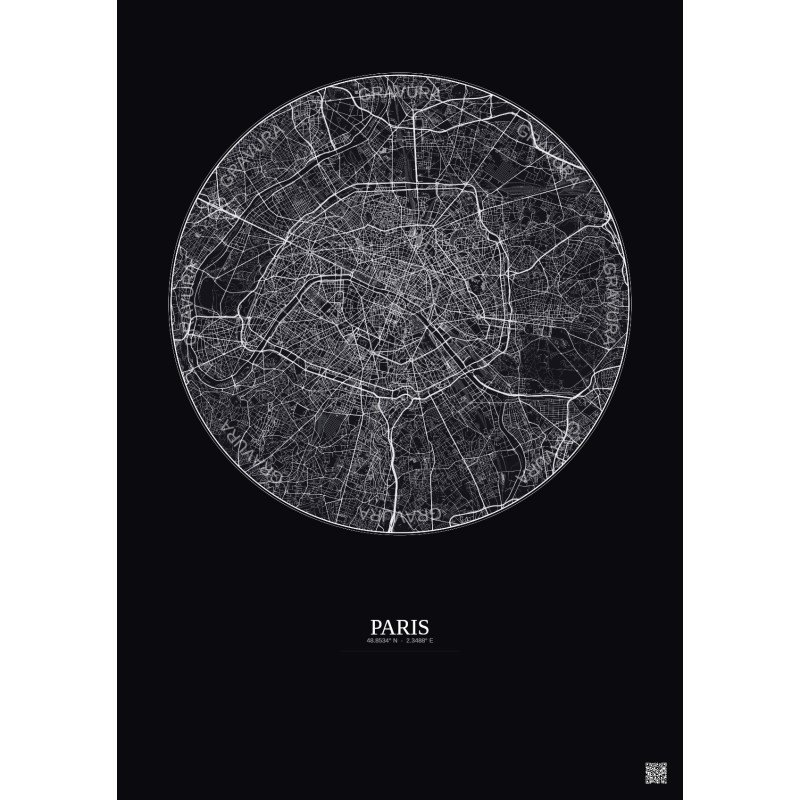 Affiche Paris – Poster carte de ville 10km | Gravura – Fond foncé