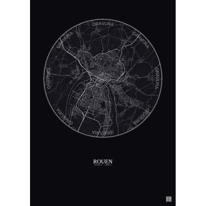 Affiche Rouen – Poster carte de ville 10km | Gravura – Fond foncé
