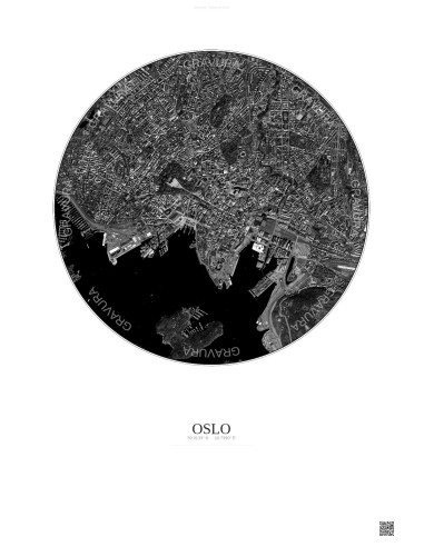 Affiche Oslo – Poster vue satellite 2.5km N&B | Gravura – Fond clair