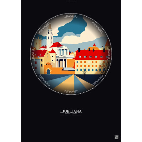 Affiche Ljubljana – Poster illustration vintage – National Gallery Of Slovenia | Gravura – Fond foncé