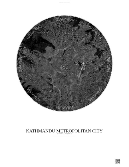 Affiche Kathmandu Metropolitan City – Poster vue satellite 10km N&B | Gravura – Fond clair