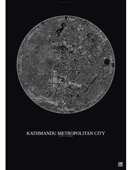 Affiche Kathmandu Metropolitan City – Poster vue satellite 2.5km N&B | Gravura – Fond foncé