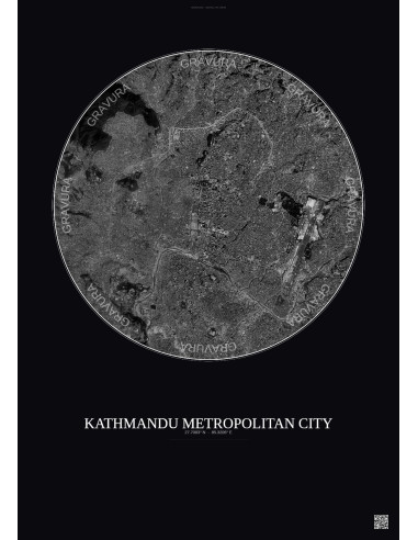 Affiche Kathmandu Metropolitan City – Poster vue satellite 6km N&B | Gravura – Fond foncé