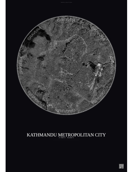 Affiche Kathmandu Metropolitan City – Poster vue satellite 6km N&B | Gravura – Fond foncé