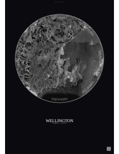 Affiche Wellington – Poster vue satellite 10km N&B | Gravura – Fond foncé